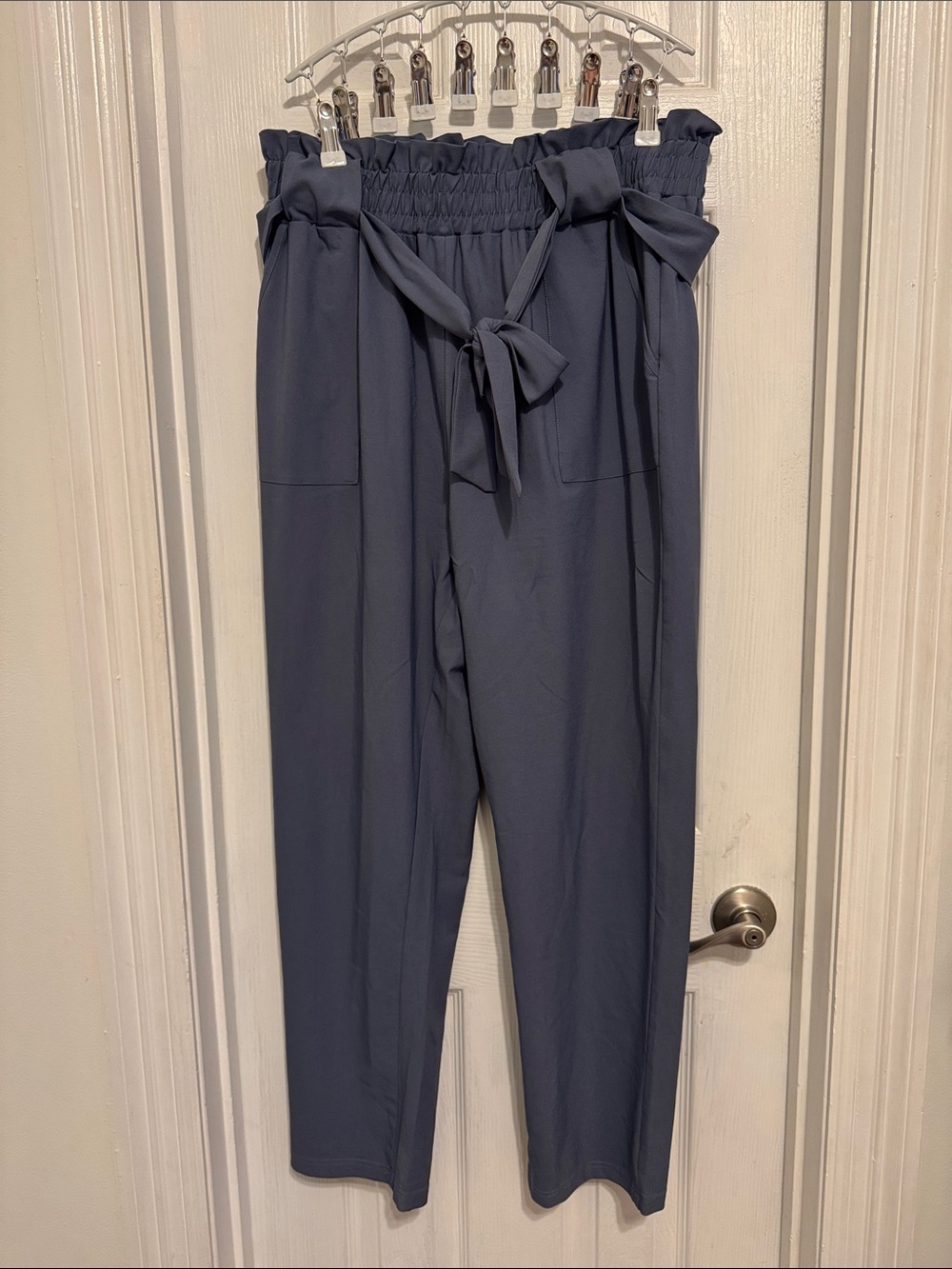 Blue Dress Pants ruffled detail at band and tie